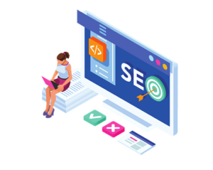 Woman with a laptop and a board with local SEO marketing illustration