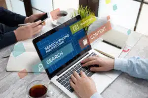 digital marketing terms floating a a laptop - technical SEO