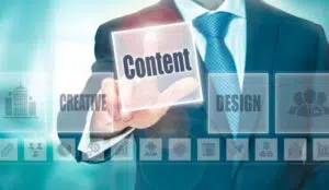 businessman selecting a Content Concept button on a holographic clear screen.