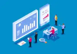 Illustration of Team analysis business reports through messenger advertising concept.
