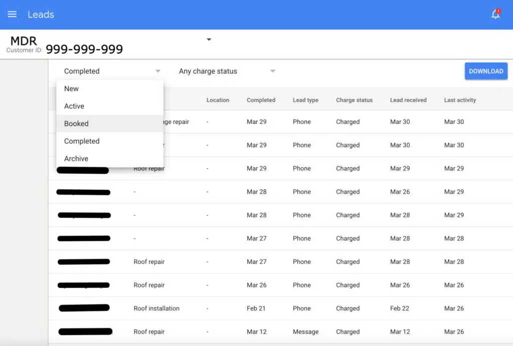 Screenshot of Google LSA dashboard